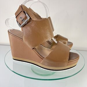 Linea Paolo Platform Wedge Sandals Brown leather Ankle strap peep toe